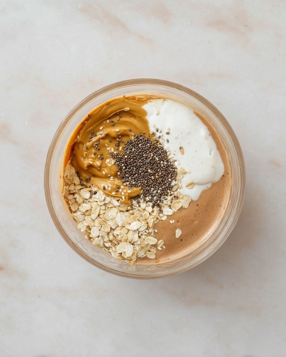 A clear glass bowl sits on a white marbled surface, filled with five visible layers of ingredients. The base layer is a light brown smooth mixture, topped on the right with a patch of creamy white yogurt. Just above the yogurt is a scattering of light beige rolled oats. In the center, there is a dense, dark cluster of chia seeds, and to the left of these is a drizzle of golden peanut butter that stretches partly onto the brown base. The layers are distinct and side by side, showing a mix of smooth, creamy, and textured elements. Photo taken with an iphone --ar 4:5 --v 7