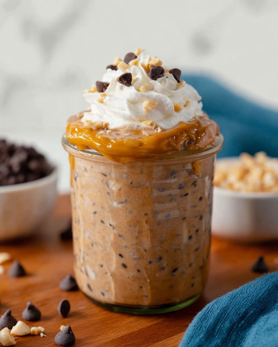 A clear glass jar filled with a thick light brown pudding that has small dark specks inside, topped with a slightly darker golden caramel drizzle, sprinkled with dark chocolate chips and chopped peanuts, and finished with a swirl of white whipped cream that also has a few chocolate chips on top. The jar sits on a wooden surface with scattered chocolate chips around, a white bowl filled with chocolate chips in the blurred background, and a blue cloth partially visible at the corner, all set against a white marbled background. Photo taken with an iphone --ar 4:5 --v 7