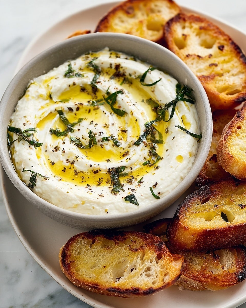 A small gray bowl filled with creamy white dip swirled on top, drizzled with golden olive oil and sprinkled with dark green herb leaves and cracked black pepper. The bowl is placed on a white plate that holds several toasted slices of golden brown bread, showing a crispy texture with some darker toasted edges. The plate rests on a white marbled surface, giving a fresh, clean look. photo taken with an iphone --ar 4:5 --v 7