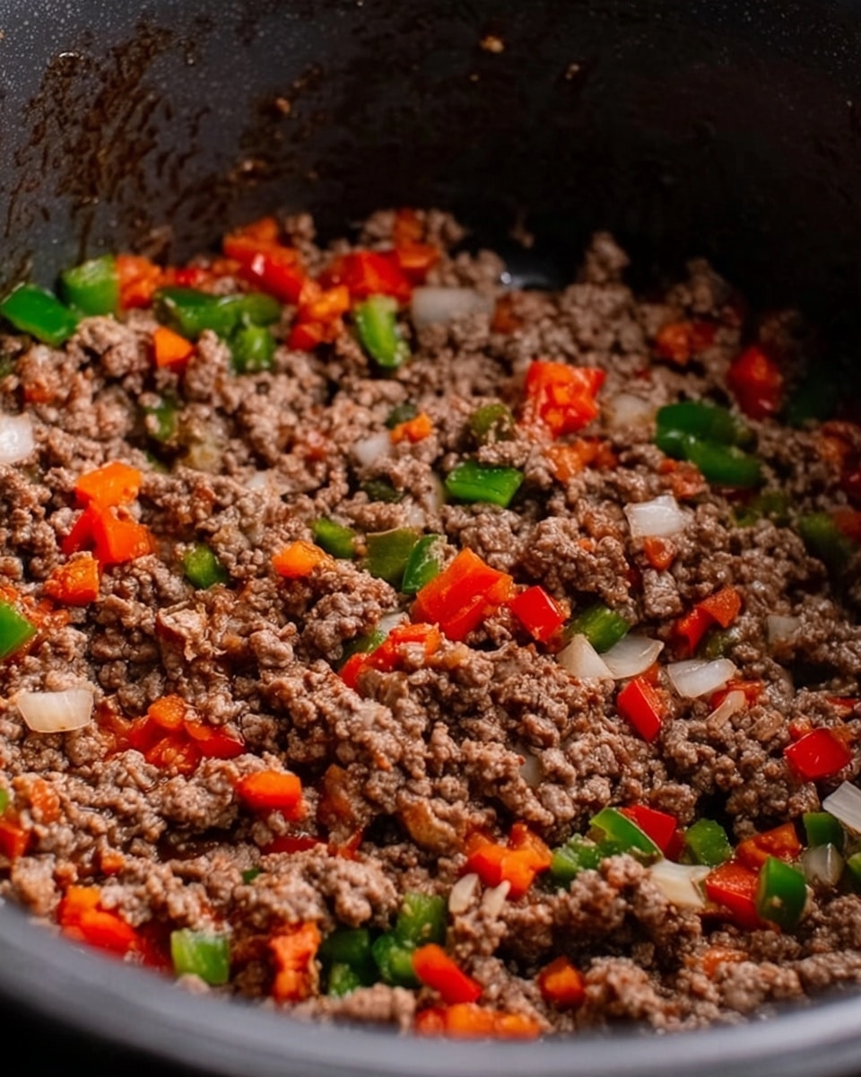 The image shows a close-up of a pot with cooked ground beef mixed with small pieces of chopped red and green bell peppers and translucent chopped onions. The ground beef is brown and crumbly, spread evenly throughout the pot. The peppers add bright pops of red and green, while the onions are light and slightly cooked. The pot’s interior is slightly stained from cooking. The background is not visible, focusing closely on the cooked mixture. photo taken with an iphone --ar 4:5 --v 7