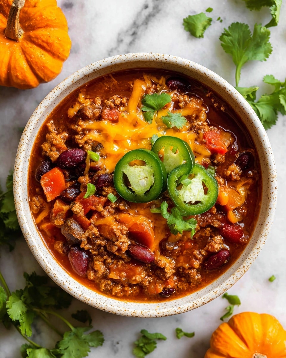 A white speckled bowl filled with hearty chili shows distinct layers: a base of rich red-brown chili stew with visible ground meat, assorted beans in dark red, brown, and beige, and chunks of diced tomato and carrot. On top, there is a layer of melted orange cheddar cheese, partially mingling into the stew. Bright green jalapeño slices and fresh cilantro leaves are placed neatly over the cheese, adding vibrant color contrast. The bowl sits on a white marbled surface, accompanied by a small orange pumpkin and scattered cilantro leaves. photo taken with an iphone --ar 4:5 --v 7