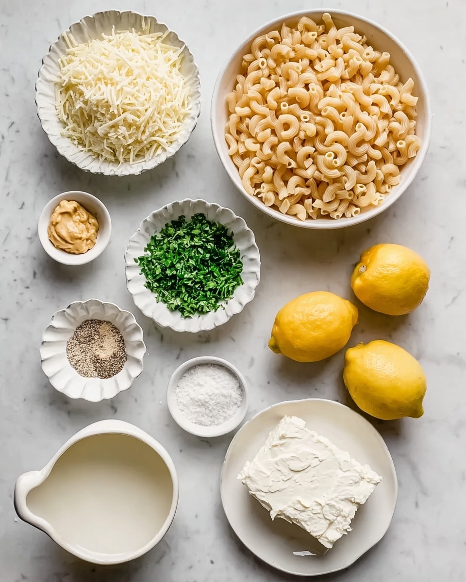 The image shows a white marbled surface with several white dishes arranged neatly, each containing a different ingredient for a recipe. At the top right, there is a white bowl filled with dry elbow macaroni, light brown in color with a smooth texture. Below it, two white bowls contain shredded pale yellow cheese with a slightly soft texture, placed next to each other. At the center left, a small white scalloped bowl holds finely chopped green herbs, bright and fresh in color. Above it, a small white bowl contains light brown mustard. Next to the mustard bowl, a white bowl with cracked black pepper and salt is placed. Below these, another small white bowl holds a white powdery ingredient, and beside it, a white plate contains two whole yellow lemons. To the right, a white plate holds a block of smooth, white cream cheese or similar soft cheese. At the bottom left, a white cup with a handle holds a clear or light liquid ingredient. The image is bright and clean, emphasizing fresh and ready-to-use ingredients. photo taken with an iphone --ar 4:5 --v 7