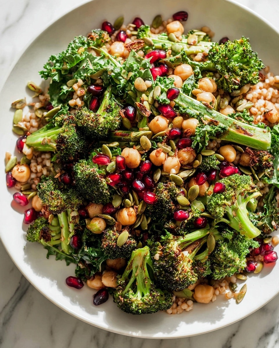 A white plate holds a colorful layered salad starting with a base of light brown grains scattered throughout. On top, there are bright green broccoli florets and dark green kale leaves mixed together, with some small pale chickpeas spread evenly. Red pomegranate seeds add small shiny pops of color all over, while light green pumpkin seeds and leafy herbs are sprinkled for extra texture. The salad looks fresh and vibrant, placed on a white marbled surface with soft natural light. Photo taken with an iphone --ar 4:5 --v 7