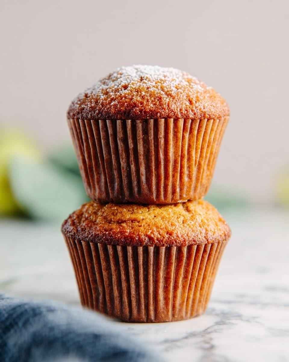 Two golden-brown muffins are stacked on top of each other, showing a slightly rough and textured top with a small dusting of powdered sugar on the top muffin. Both muffins are wrapped in brown paper liners with vertical ridges. The muffins sit on a white marbled surface, and the background is softly blurred with hints of green and white. A blurred blue and white cloth is visible in the foreground. photo taken with an iphone --ar 4:5 --v 7