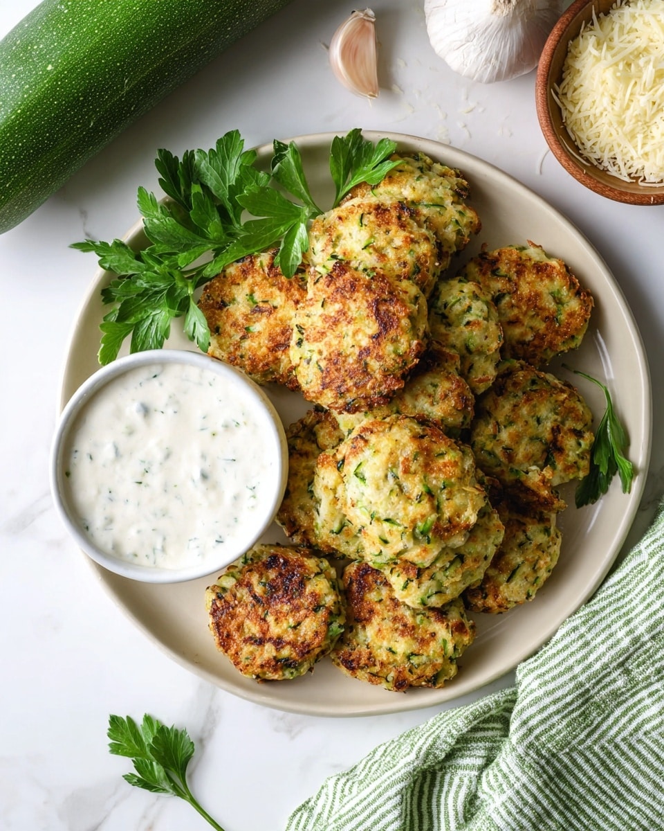 A round white plate on a white marbled surface holds about ten small, round patties that are golden-brown with green flecks, looking crispy on the edges and soft in the middle. The patties are piled slightly, showing textured bits of herbs and grated vegetables like zucchini. On the left side of the plate, there is a small white bowl filled with a creamy white sauce speckled with herbs. Behind the patties, fresh green parsley leaves add a touch of bright color. Around the plate, a green zucchini lays on the top left, a bowl of grated cheese rests on the top right, and a bulb of garlic sits closer to the bottom left. A green and white striped cloth is partially visible on the right. photo taken with an iphone --ar 4:5 --v 7