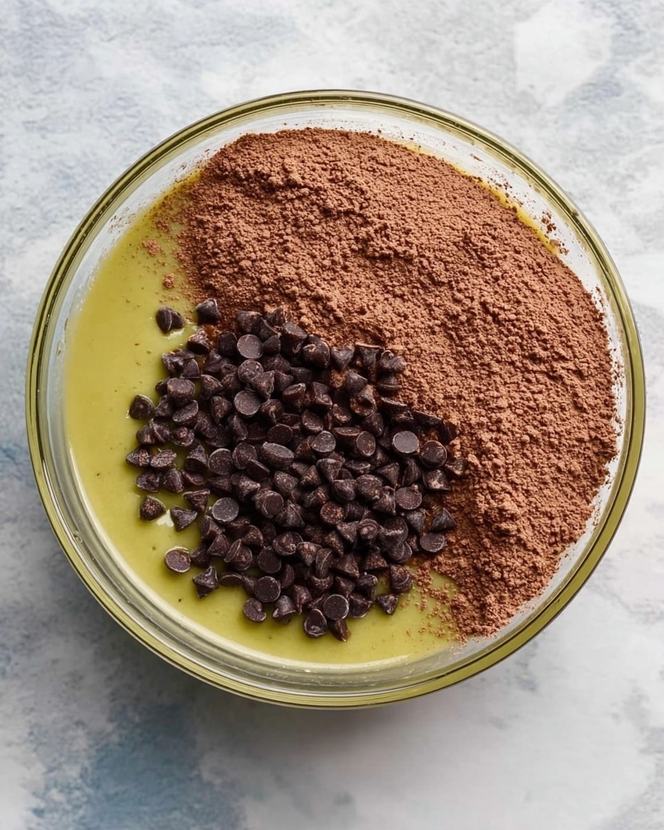 A clear glass bowl sits on a white marbled surface, filled with three distinct layers starting with a thick, smooth greenish-yellow base layer covering half the bowl. On top of this base, there is a large portion of fine light brown cocoa powder spread evenly on one side. A pile of small dark brown chocolate chips is heaped in the center, overlapping slightly with the cocoa powder and the base layer. The textures contrast between smooth liquid, powdery cocoa, and firm chips, all visible within the bowl. photo taken with an iphone --ar 4:5 --v 7