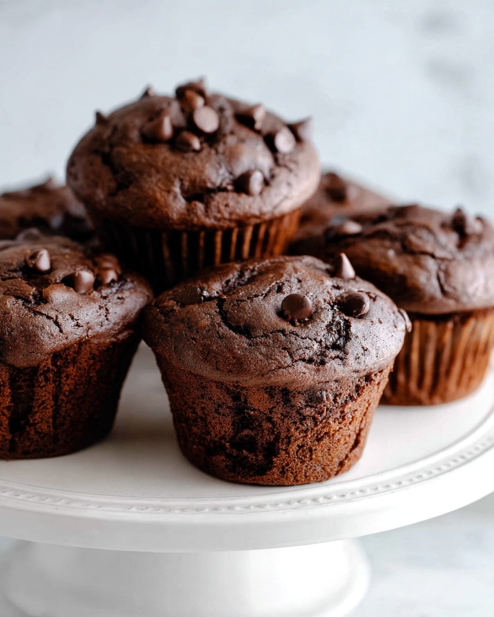 There are five chocolate muffins with a rich dark brown color, each topped with scattered chocolate chips. The muffins have a slightly cracked, soft texture on top, showing their moist interior. They sit closely together on a white round cake stand with a subtle pattern on its edge. The backdrop is a smooth white marbled surface, giving a clean and bright look. The photo taken with an iphone --ar 4:5 --v 7
