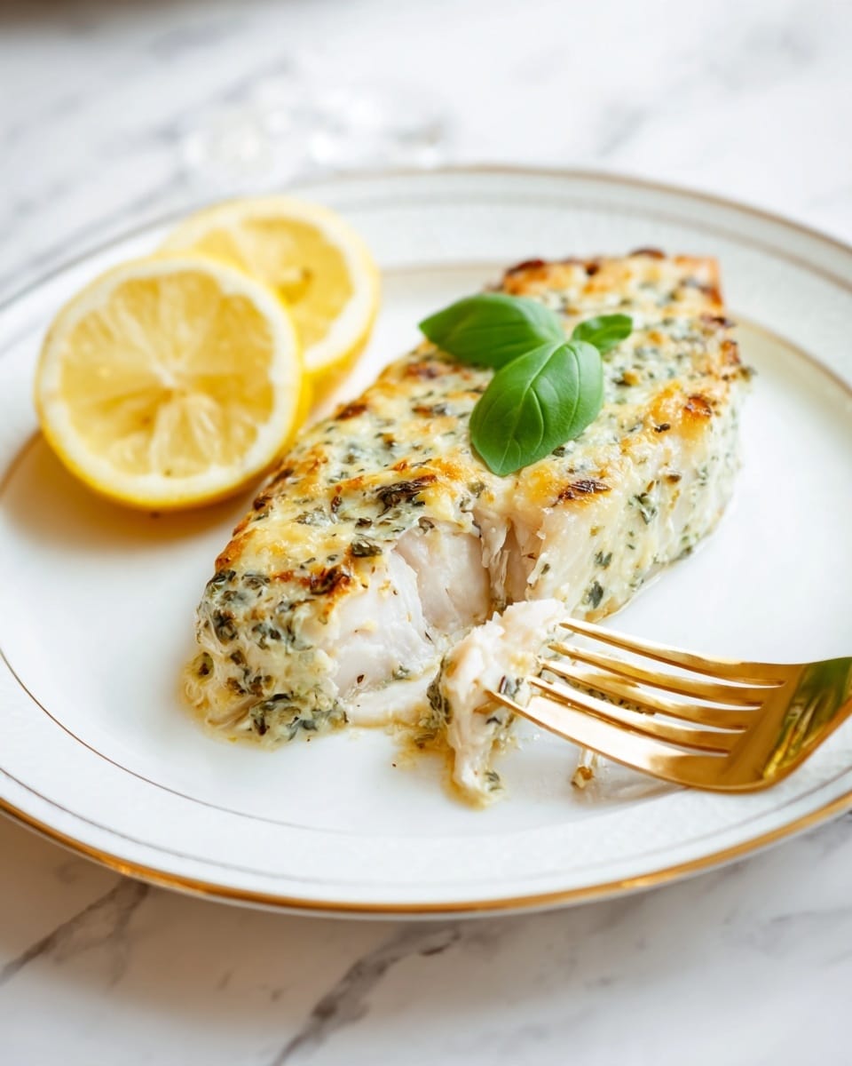 A cooked fish fillet lies on a white plate with a thin gold rim, showing three layers - white fish flesh at the bottom, a creamy herb sauce with green bits covering the middle and top layers, with some browned spots from cooking. Two lemon wedges with bright yellow color rest on the plate behind the fish. A green basil leaf garnish sits on top of the fish. A fork holds a piece of the fish at the bottom right. The setting is on a white marbled surface. Photo taken with an iphone --ar 4:5 --v 7