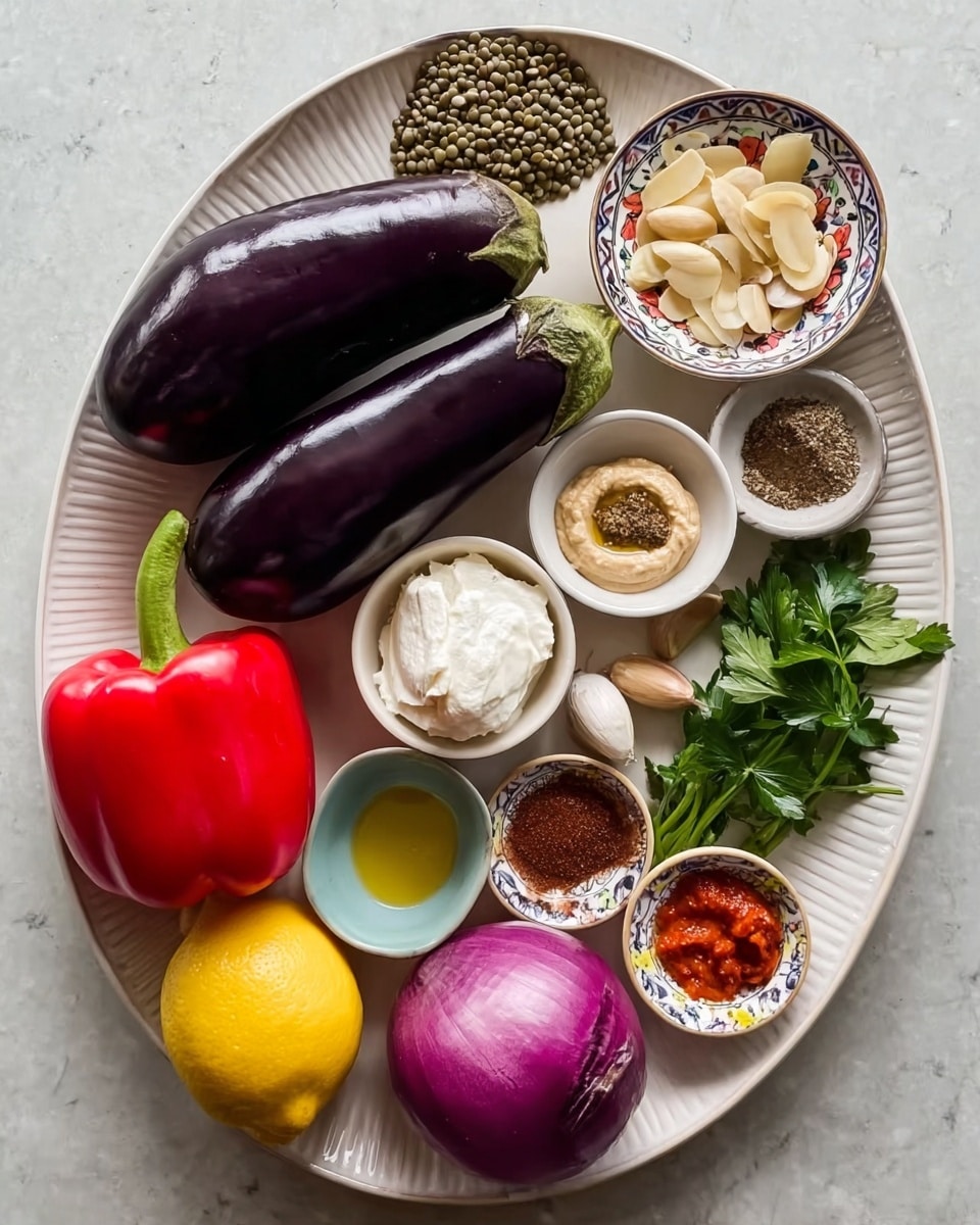 The image shows a large white oval plate with a ridged rim, placed on a white marbled surface. On the plate, there are two whole eggplants stacked diagonally on the left side, one dark purple and the other lighter purple with a green top. Below the eggplants sits a bright red bell pepper, a whole lemon, and a red onion with purple skin. Scattered around the plate are small white bowls filled with various ingredients: one bowl with sliced almonds, another with green lentils, a third with a white clove of garlic, a small bowl of white creamy feta cheese on a decorative small plate, a bowl with light tan tahini sauce, a bowl of red chili paste, a small bowl with brown spices and a piece of brown spice, and a small bowl of fresh green parsley. The ingredients are neatly arranged in rows and clusters, creating a vibrant mix of colors and textures. photo taken with an iphone --ar 4:5 --v 7