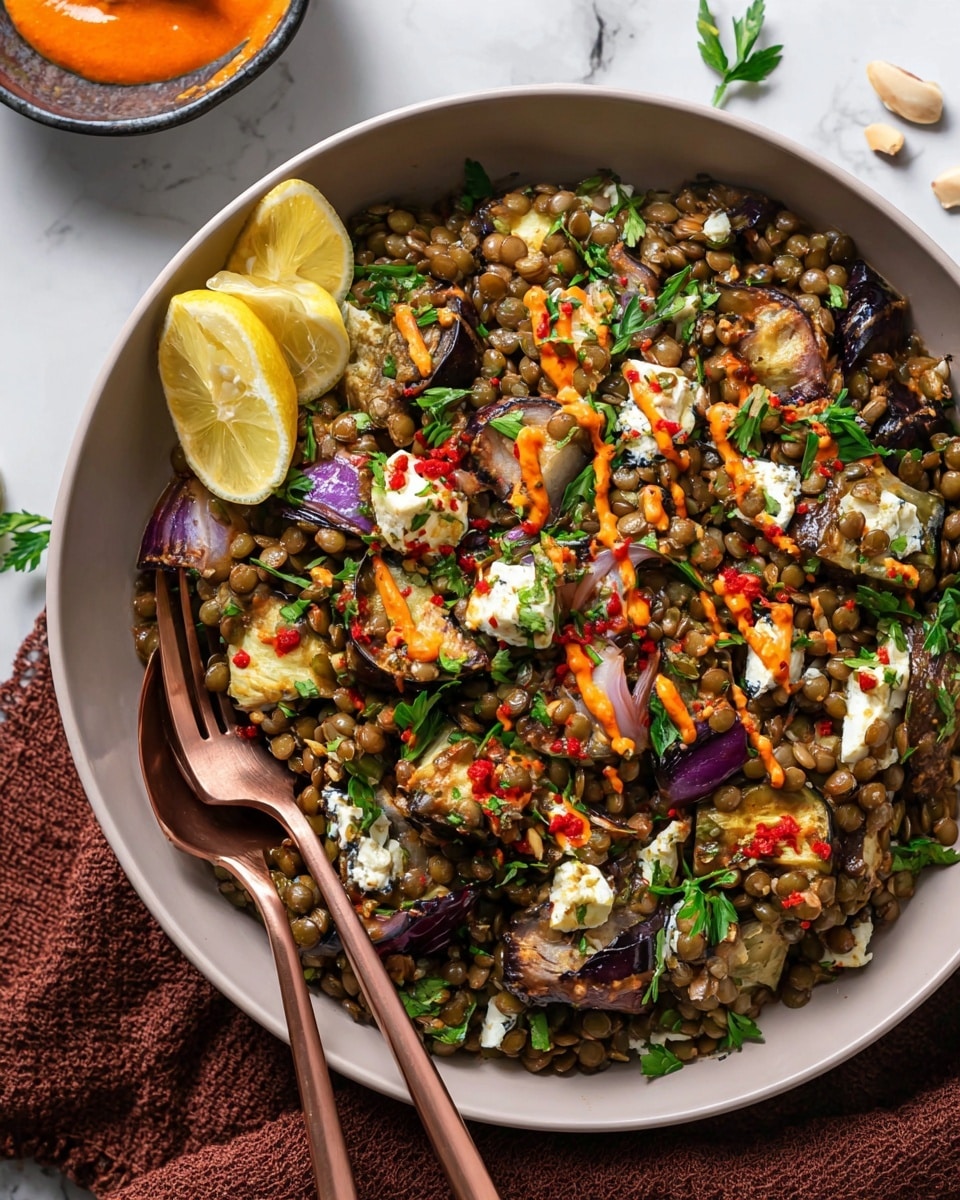 A large white bowl filled with a lentil salad showing three main layers: a base of small green lentils all mixed with roasted vegetables like purple onions and green eggplants, scattered red and orange pepper pieces on top, and garnished with white cheese chunks, almond slices, green parsley leaves, and small drizzle of orange sauce across the surface. Two lemon wedges sit on the left side inside the bowl, with a rose gold fork resting to the right, all placed on a white marbled surface with a brown textured cloth partly visible below the bowl. Photo taken with an iphone --ar 4:5 --v 7