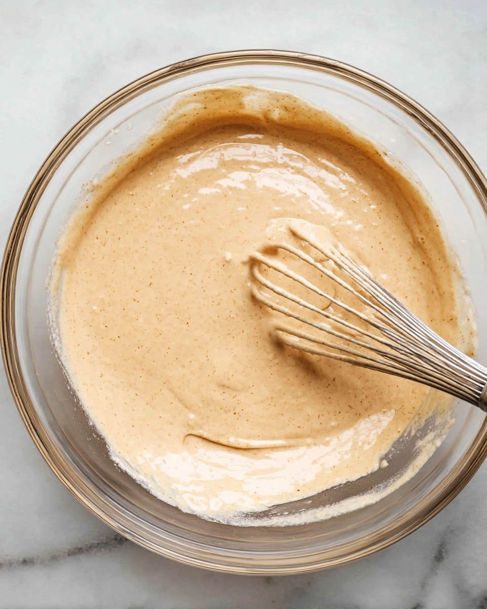 A clear glass bowl holds a smooth, light tan batter with small darker specks, showing a creamy and slightly thick texture being mixed with a metal whisk. The bowl sits on a white marbled surface, and the batter fills about half the bowl, with some batter spread thinly on the sides. The metal whisk rests inside the batter on the right side, partially coated with the batter. photo taken with an iphone --ar 4:5 --v 7