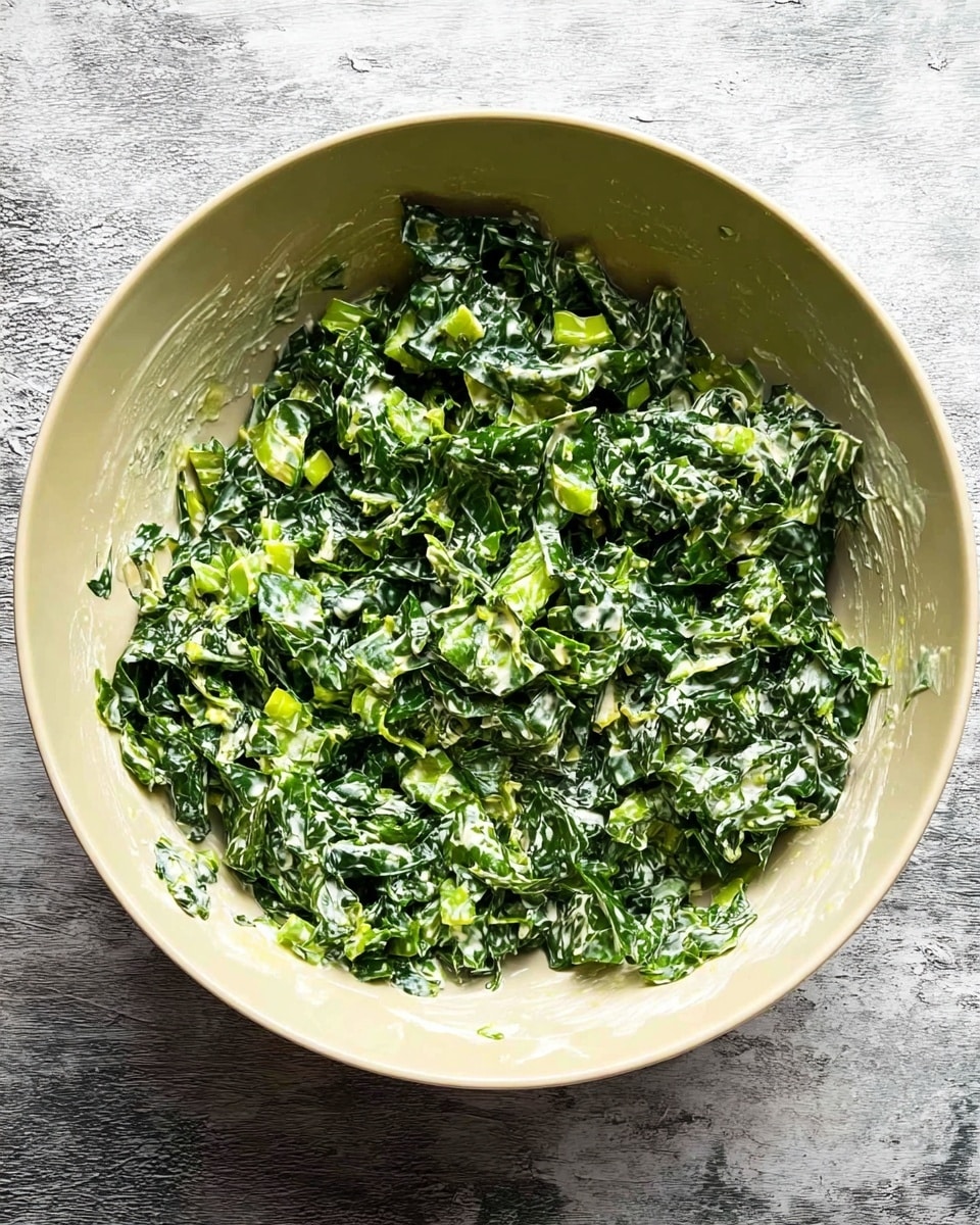 A large white bowl holds a mixture of dark green chopped leafy vegetables coated with a creamy white sauce, making the leaves look moist and slightly shiny. The chopped pieces vary in size, with some larger bright green bits adding texture and contrast. The creamy sauce clings unevenly to the leaves, creating white streaks and patches across the green mixture. The bowl sits on a white marbled surface. photo taken with an iphone --ar 4:5 --v 7