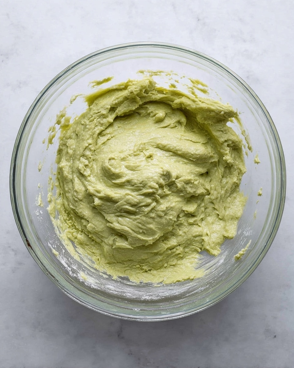 A clear glass bowl holds a thick, light green batter with a slightly chunky texture spread unevenly inside. The bowl is placed on a flat surface with a white marbled look. Small bits of flour cling to the sides of the bowl, and the batter fills the bowl about halfway, centered in the image. The batter has soft peaks and smooth valleys, showing it has been recently mixed. Photo taken with an iphone --ar 4:5 --v 7