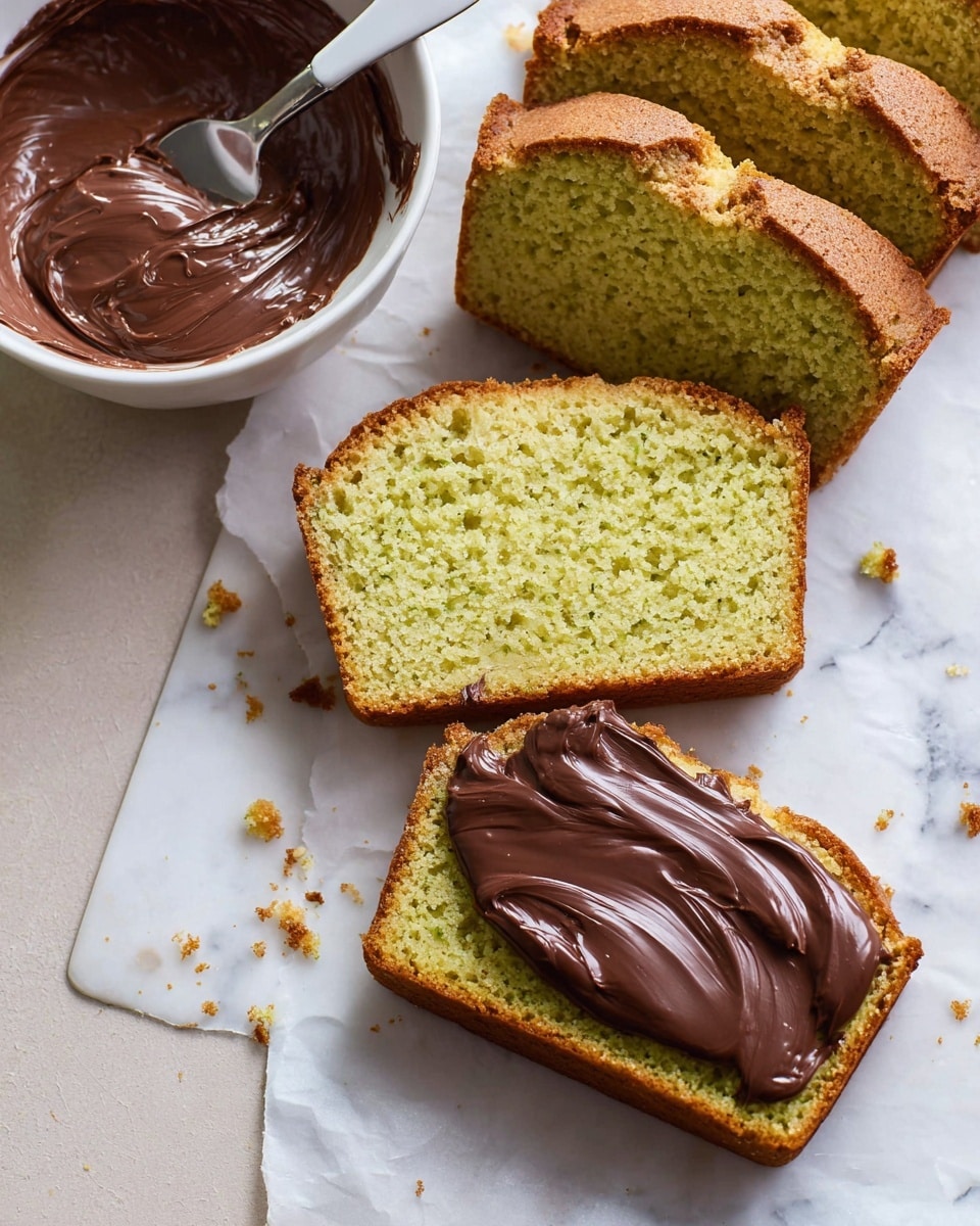 The image shows four slices of greenish-yellow cake with a soft texture and a light brown crust, arranged on a white marbled surface. One slice has thick, smooth, and shiny dark chocolate spread evenly covering most of its top. Next to the slices, there is a white bowl filled with the same chocolate spread, a silver knife resting inside with some spread on its blade. The overall setting has a simple, clean look with crumbs scattered lightly around the cake slices. photo taken with an iphone --ar 4:5 --v 7