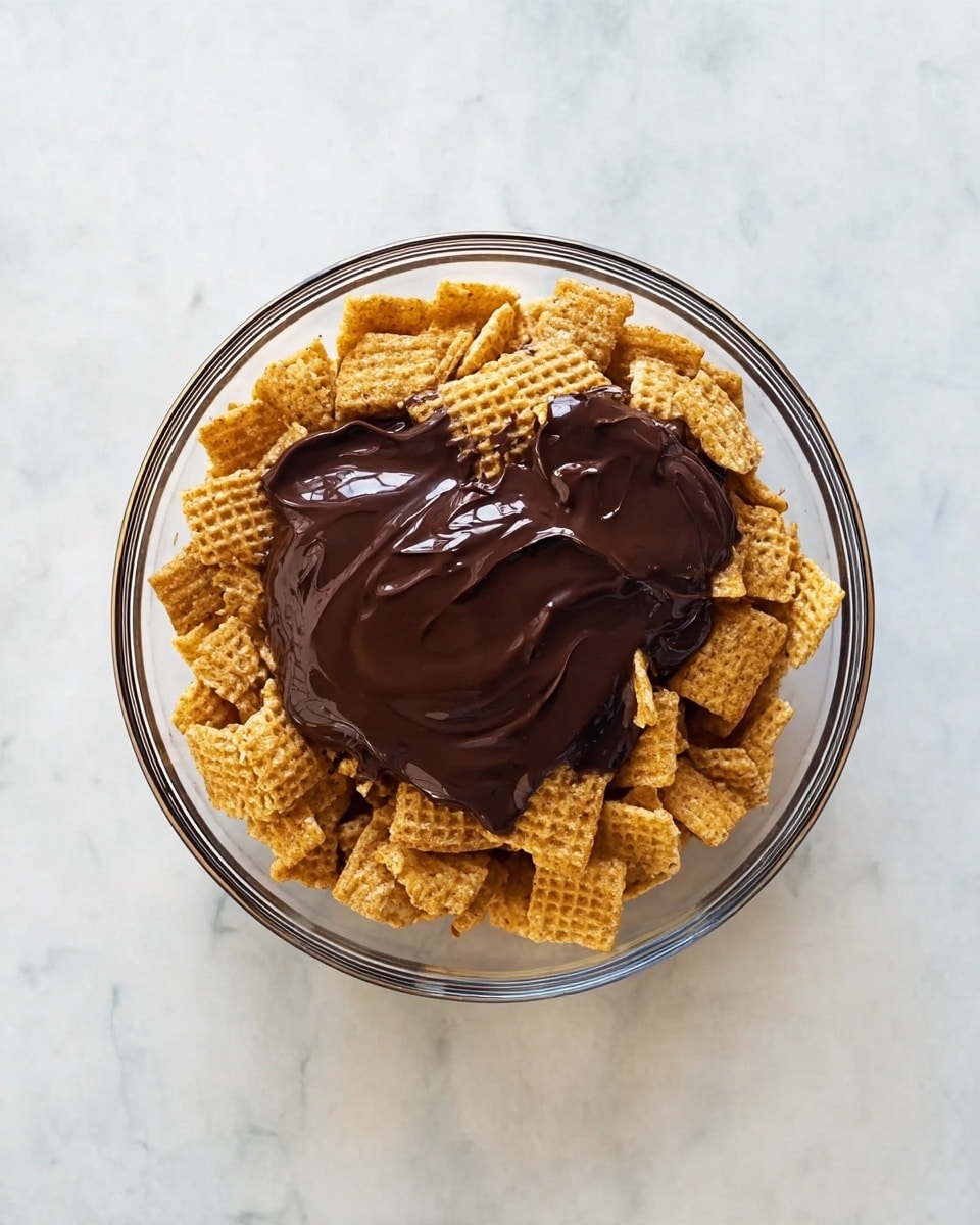 A clear glass bowl sits on a white marbled surface, filled with a layer of golden brown square cereal pieces that are textured with a waffle-like pattern. On top of the cereal is a glossy, thick layer of dark brown melted chocolate sauce spread unevenly across the center, creating a shiny contrast with the matte cereal. The bowl is round and transparent, allowing clear visibility of the ingredients inside. photo taken with an iphone --ar 4:5 --v 7