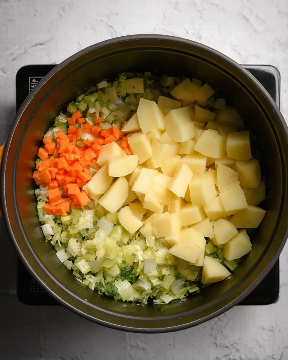 A black pot filled with three layers of ingredients is shown from above, sitting on a surface with a white marbled texture. The bottom layer inside the pot is finely chopped light green and pale yellow vegetables, likely onions and celery, that cover the base with a soft texture. On top of this, in the bottom left side of the pot, there is a small layer of finely diced bright orange carrots, adding a pop of color. The top layer consists mainly of large, pale yellow chunks of potatoes spread over the right half and center of the pot. The overall look is a mix of soft, fresh vegetables ready for cooking, with the colors pale yellow, light green, and bright orange standing out against the dark pot. Photo taken with an iphone --ar 4:5 --v 7
