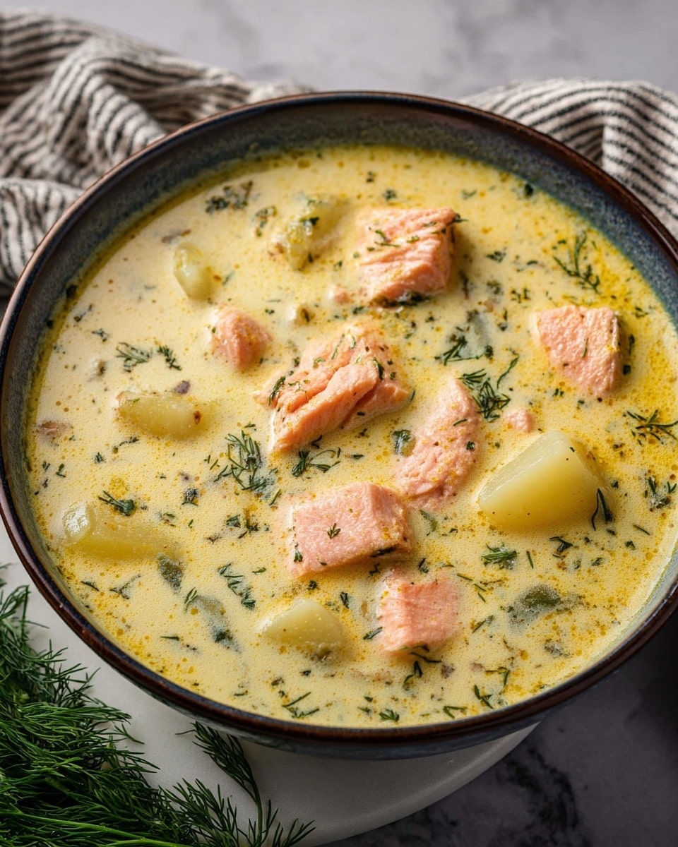 The image shows a close-up of a creamy soup served in a white bowl with a dark rim. The soup has a thick, yellowish cream base with visible small green herb bits scattered throughout. Floating in the soup are multiple chunks of pale pink salmon pieces and soft off-white potato cubes. The surface of the soup has a slight oily sheen giving it a rich look. Fresh green dill is placed near the bowl on a white marbled surface, and a striped cloth is partially visible in the background. photo taken with an iphone --ar 4:5 --v 7