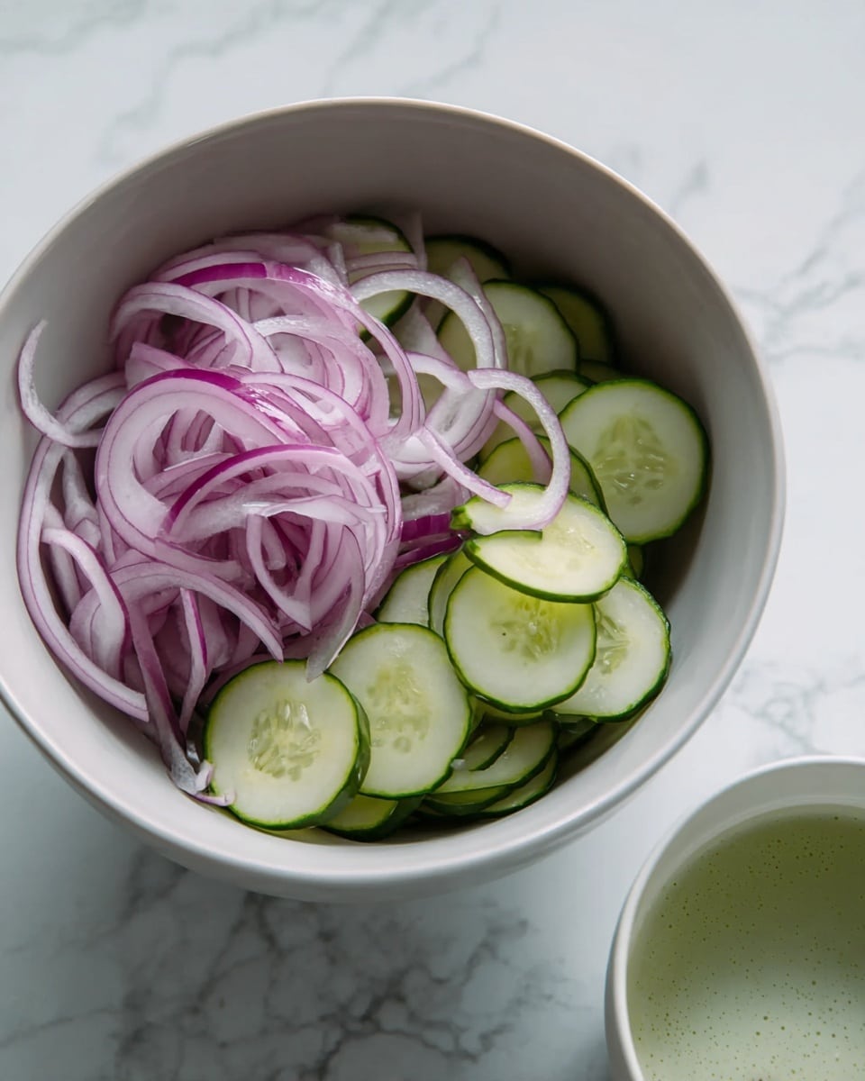 A white bowl holds two visible layers: at the bottom, thin slices of deep green cucumber with light green centers are neatly arranged, and on top, thin strips of purple-red onion with white edges are spread. In the lower part of the image, there is a blurred cup of light green liquid, slightly tilted, partially visible near the bowl. The whole setting is on a white marbled surface with subtle grey veins. photo taken with an iphone --ar 4:5 --v 7