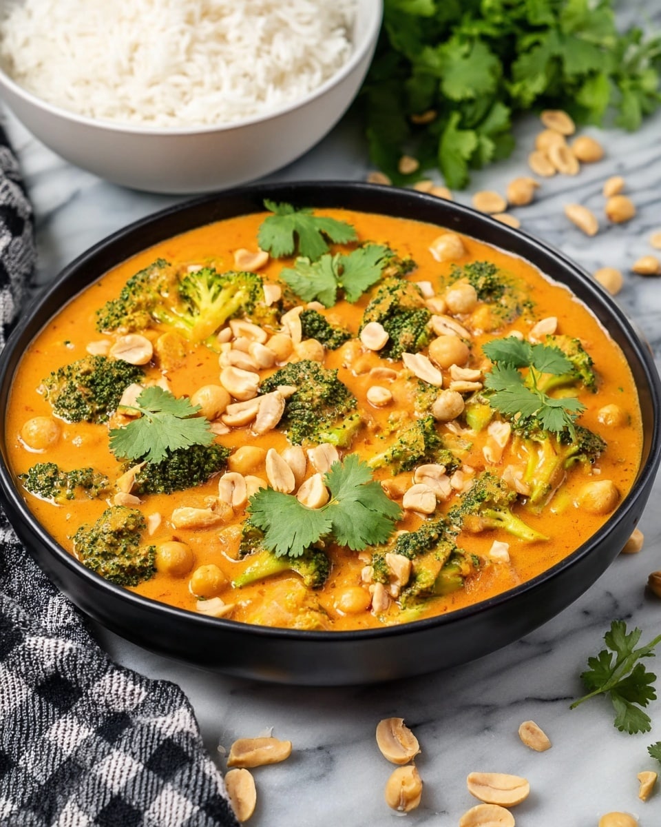 A black bowl filled with a thick, orange creamy curry that has visible green broccoli pieces and small chickpeas mixed in. The curry is topped with fresh green cilantro leaves and scattered light brown peanuts. The bowl is placed on a white marbled surface with some loose peanuts and cilantro around it. In the background, there is a white bowl filled with plain white rice, partially visible. A black and white checkered cloth is partly seen beside the bowl. Photo taken with an iphone --ar 4:5 --v 7