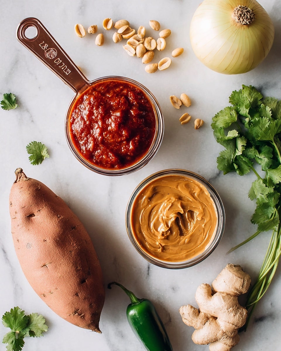 The image shows two small clear round bowls, one filled with thick red sauce with a rough texture and the other with light brown smooth peanut butter with swirls on the top. The peanut butter bowl is attached to a copper measuring spoon labeled
