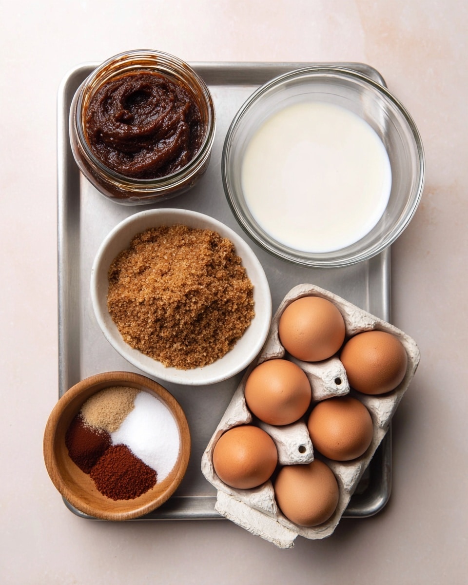 A metal baking tray with a white marbled background holds several ingredients: on the top left is a glass jar filled with thick, dark brown paste, next to it on the right is a clear glass bowl of smooth white liquid. Below the jar, there is a white bowl filled with light brown, crumbly sugar, and to the bottom left, a small wooden bowl with three powders in separate sections dark brown, reddish-brown, and white. On the bottom right, there is a white carton holding four smooth brown eggs, partially visible. The colors range from dark brown to light brown and white, showing texture variety in each container photo taken with an iphone --ar 4:5 --v 7