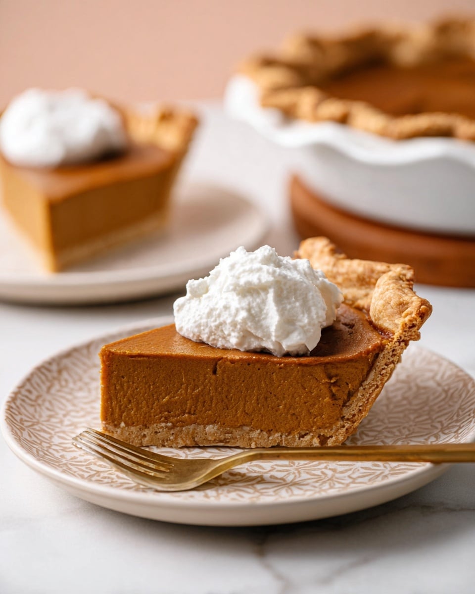 A single slice of pumpkin pie sits on a white plate with a subtle beige pattern. The pie has three visible layers: a thin, light brown crust at the bottom with a slightly crumbly texture, a thick, smooth medium brown pumpkin filling in the middle, and a dollop of soft, white whipped cream on top. The pie crust edges are golden brown and crimped, rising a bit above the filling. A gold fork rests beside the pie on the plate. In the background, two more portions of pumpkin pie are out of focus, one on a white plate and another on a white pie dish with a wooden base, all on a white marbled surface. photo taken with an iphone --ar 4:5 --v 7