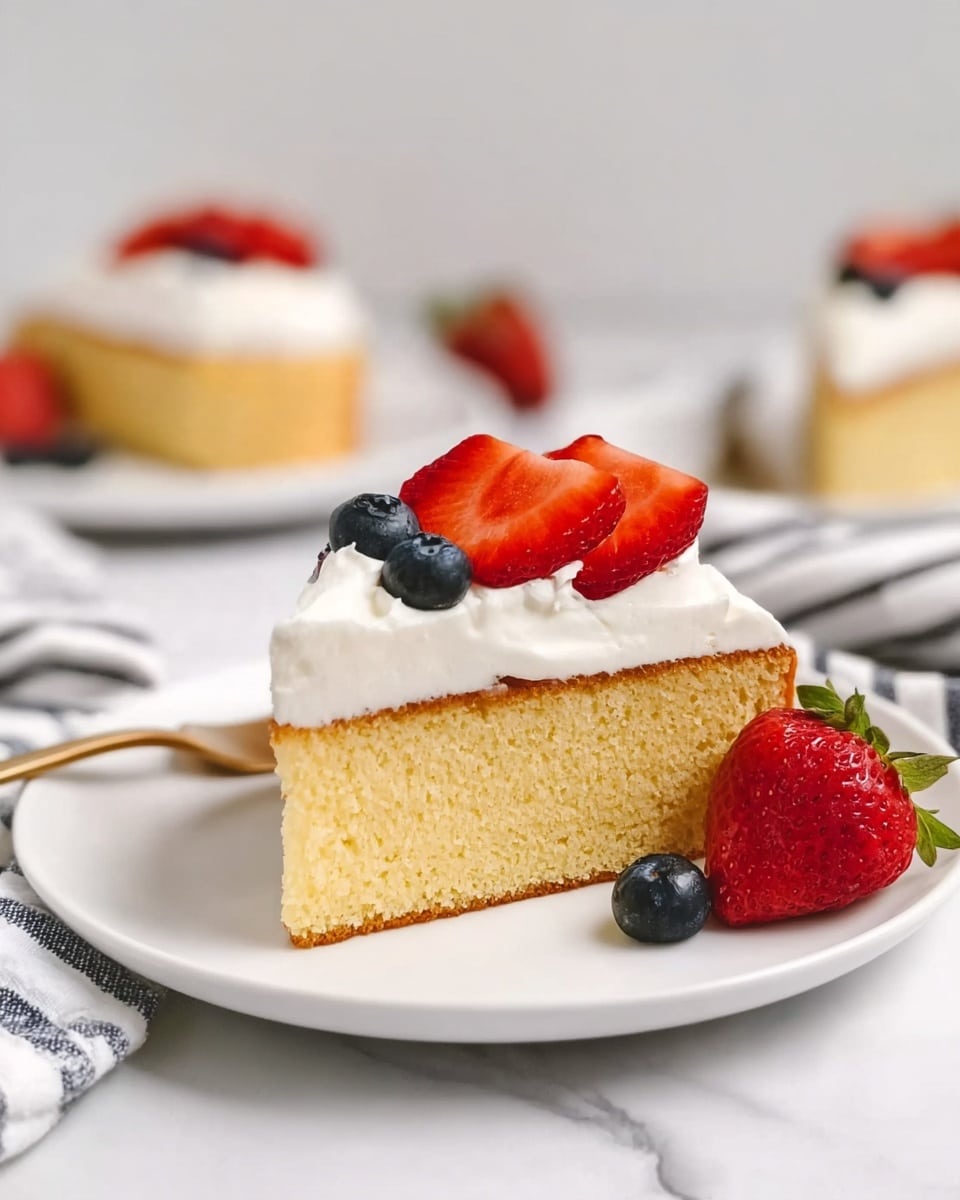 A slice of pale yellow sponge cake with a light brown bottom layer sits on a white plate on a white marbled surface. On top of the cake is a thick layer of smooth white cream, and three red strawberry halves and one dark blue blueberry arranged neatly on the cream. Beside the cake slice on the plate, there are two whole strawberries and one blueberry. In the blurred background, another similar cake slice can be seen on a white plate with a striped cloth nearby. Photo taken with an iphone --ar 4:5 --v 7