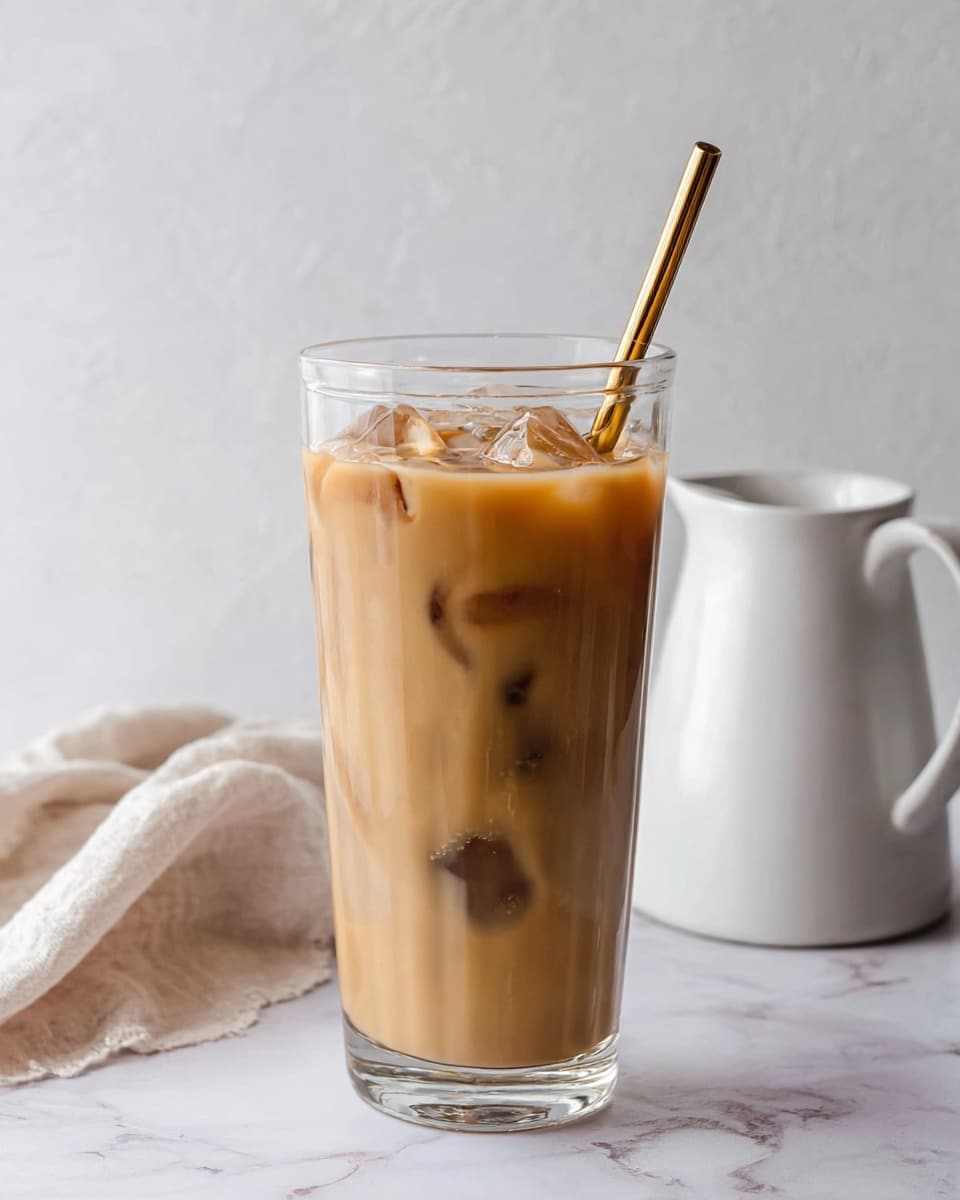 A tall clear glass filled with iced coffee, with a creamy light brown color, ice cubes visible inside and on top, with a gold metal straw placed on the right side of the glass. Behind the glass to the right is a white ceramic pitcher with a handle, and a light beige cloth is loosely placed on the left side resting on a white marbled surface with a simple light grey wall in the background. The lighting is soft, creating a fresh and calm atmosphere. photo taken with an iphone --ar 4:5 --v 7