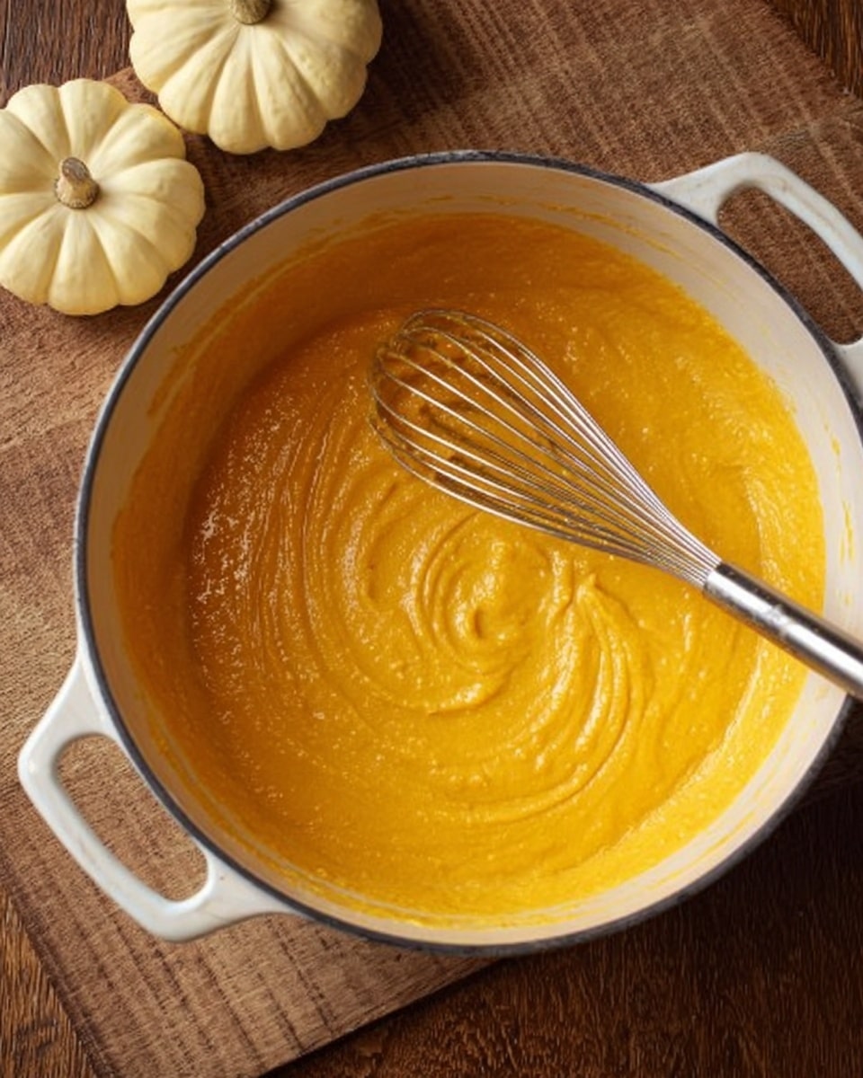 A white pot filled with thick, creamy, bright orange pumpkin mixture, with smooth texture and swirls. A silver whisk rests inside the pot, partially covered in the mixture. The pot sits on a wooden surface, with two small pale yellow pumpkins in the background on the left. The pot has white handles on the sides. Photo taken with an iphone --ar 4:5 --v 7
