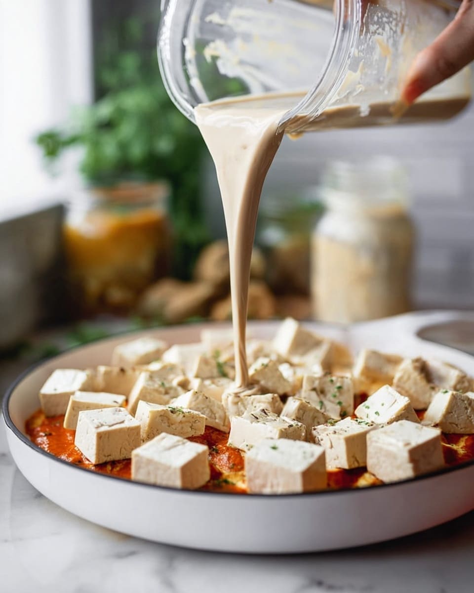 A white pan on a white marbled surface holds a dish with a base of red-orange sauce. On top, there are many cubed pieces of pale beige tofu arranged evenly around the pan. A woman's hand is pouring a thick, light beige sauce from a clear container down the center onto the tofu and sauce below. The background is softly blurred showing green herbs and a jar. The overall look highlights the creamy sauce flowing over the tofu cubes. photo taken with an iphone --ar 4:5 --v 7