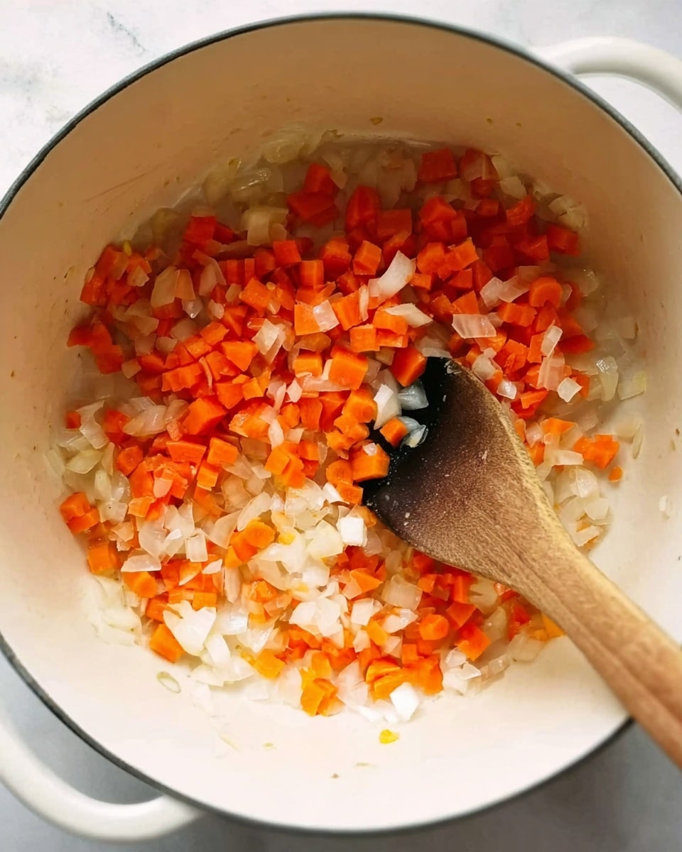 Inside a white pot, small square pieces of orange carrot and white onion are mixed. The carrot pieces are bright orange and scattered evenly, while the white onion pieces look slightly soft and translucent. A wooden spoon with a black scoop is resting in the pot, slightly lifting some of the vegetables. The background has a white marbled texture. photo taken with an iphone --ar 4:5 --v 7