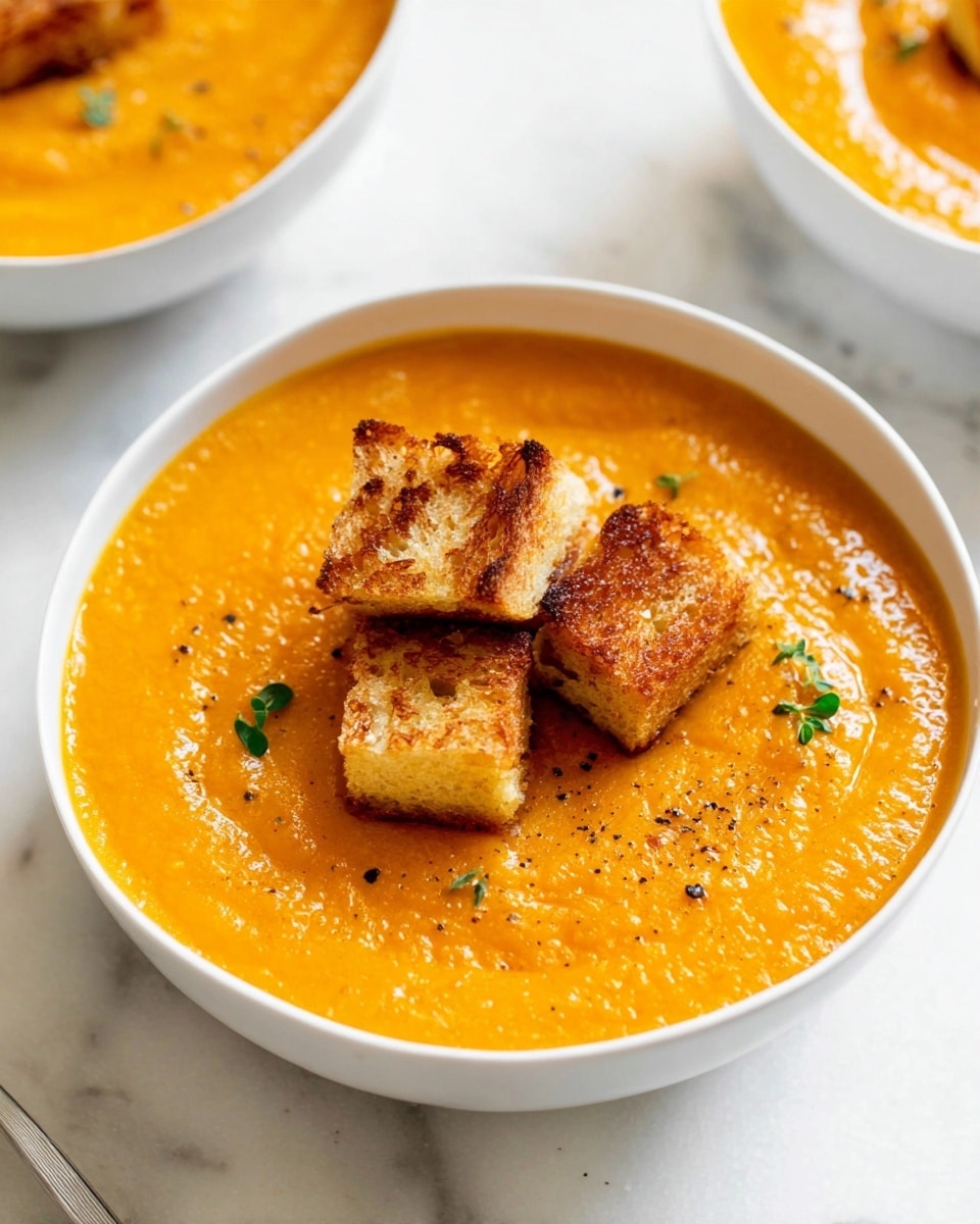 A white bowl filled with thick, smooth, orange soup that covers the bottom layer fully. On top, there are three small toasted square pieces of bread with a golden brown, slightly crunchy texture placed in the center. There are tiny green herb sprigs scattered near the toasted bread and black pepper flecks sprinkled lightly across the soup surface. The bowl rests on a white marbled surface, with parts of another white bowl with the same soup visible in the background. Photo taken with an iphone --ar 4:5 --v 7