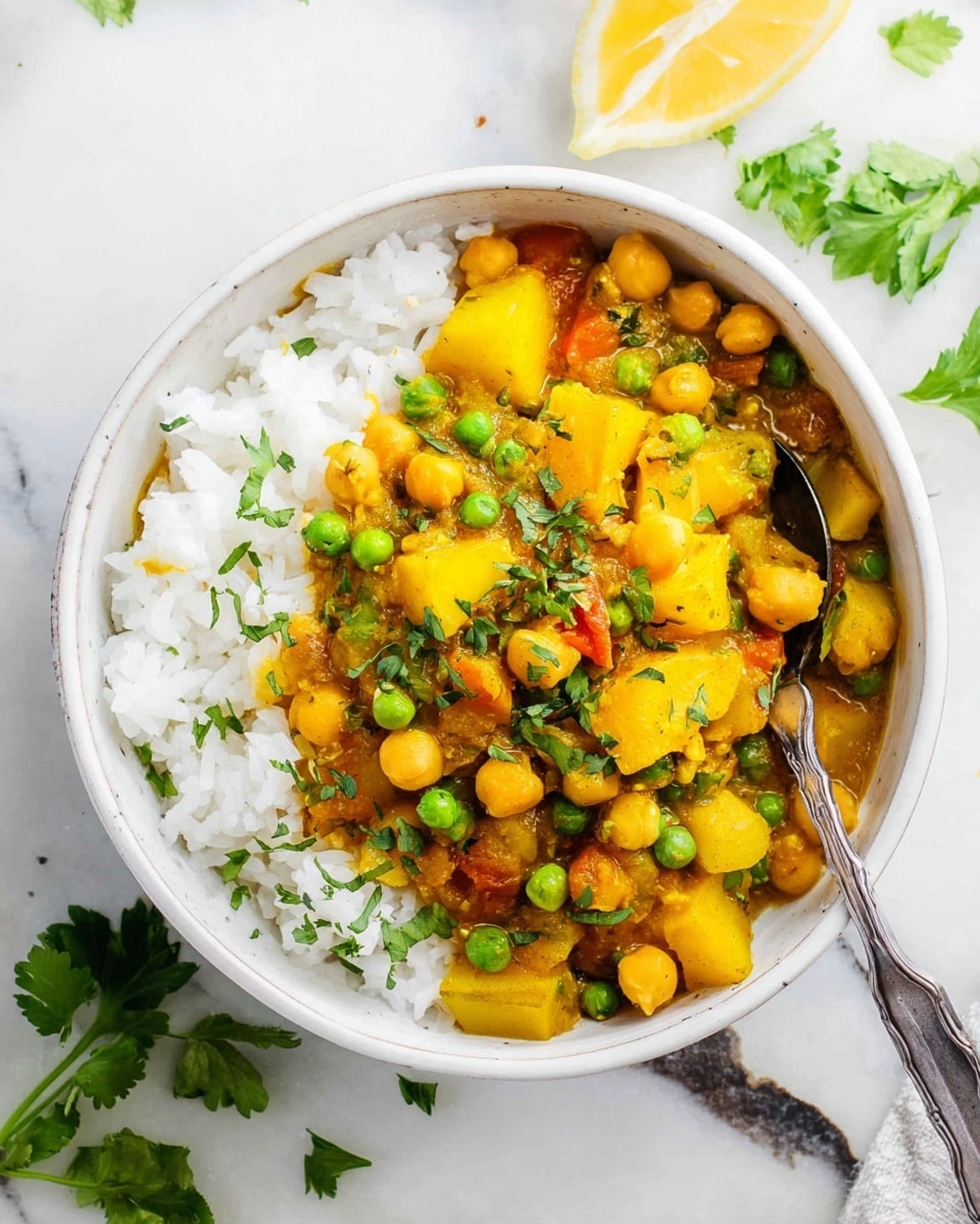 A white bowl on a white marbled surface filled with two main layers: at the bottom, a soft, fluffy layer of white rice that fills half the bowl, and on top, a thick vegetable curry layer with yellow chickpeas, bright green peas, and chunks of yellow potato mixed with small pieces of tomato, all coated in a rich golden sauce and sprinkled with finely chopped green herbs. A silver spoon is partially dug into the curry. Garnishes of fresh green cilantro leaves are scattered on the curry and around the bowl, with a lemon wedge placed near the top right edge of the scene. Photo taken with an iphone --ar 4:5 --v 7
