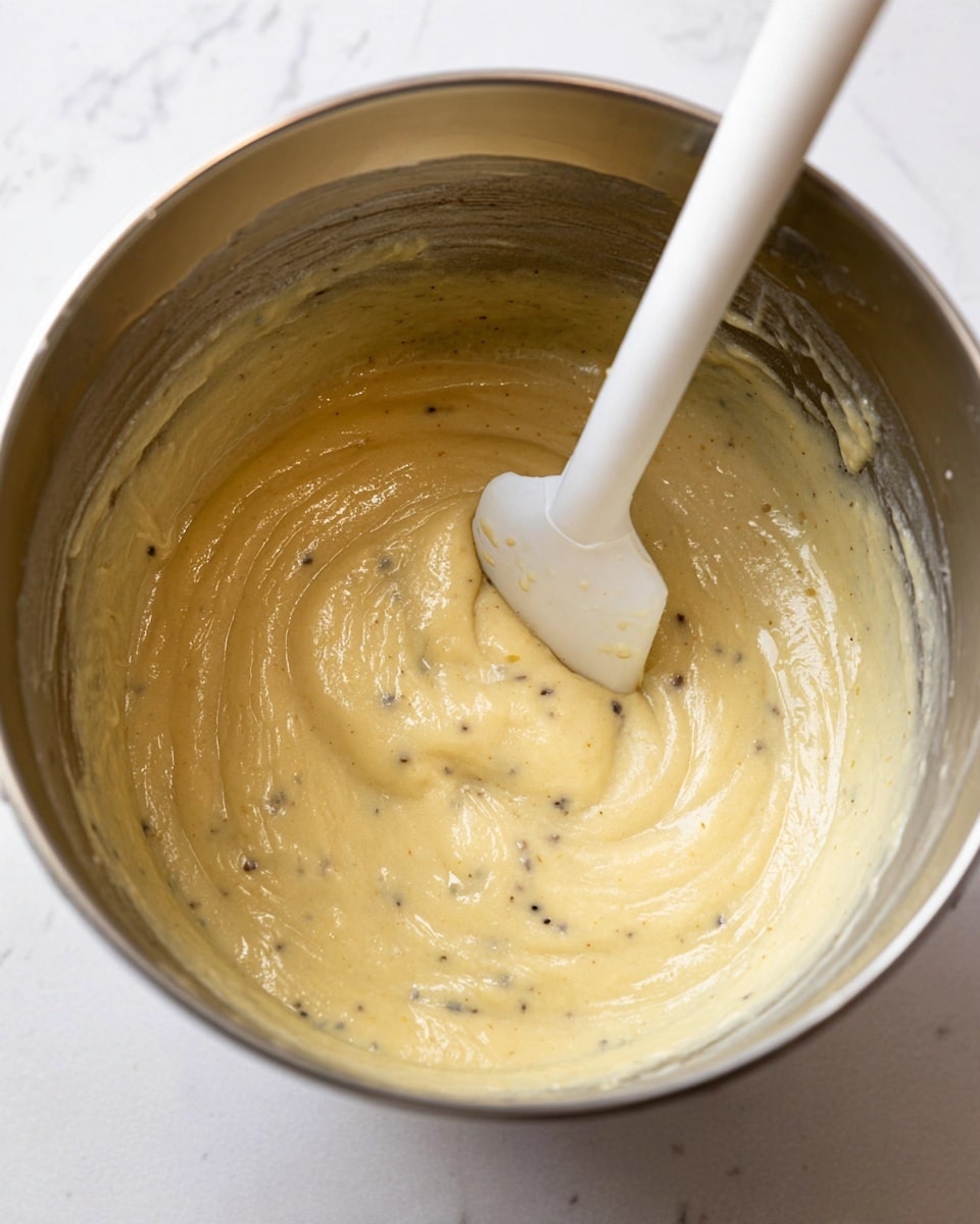 This image shows a close-up of a mixing bowl with a smooth, pale yellow batter that has small dark specks scattered throughout. The batter has a creamy and slightly thick texture, with swirls showing it has just been stirred. A white spatula with batter on its flat end rests inside the bowl, angled slightly upwards. The mixing bowl is metallic with a shiny surface inside, reflecting light softly. The scene is set against a white marbled texture surface that is mostly out of focus. photo taken with an iphone --ar 4:5 --v 7