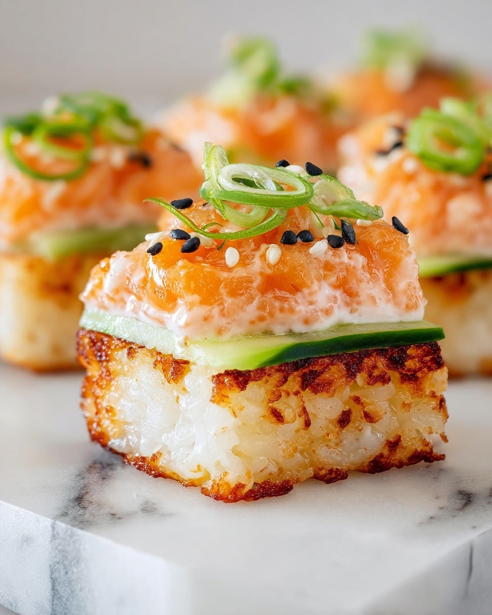 The image shows a close-up of a three-layer sushi piece on a white marbled surface. The bottom layer is crispy, golden-brown seared rice with a crunchy texture. The middle layer is a thin, fresh green cucumber slice with a smooth surface. The top layer is creamy, orange-pink mixed fish, likely salmon, dotted with small black and white sesame seeds and garnished with bright green chopped scallions. The focus is sharp on the front sushi piece, with similar sushi pieces blurred in the background. Photo taken with an iphone --ar 4:5 --v 7