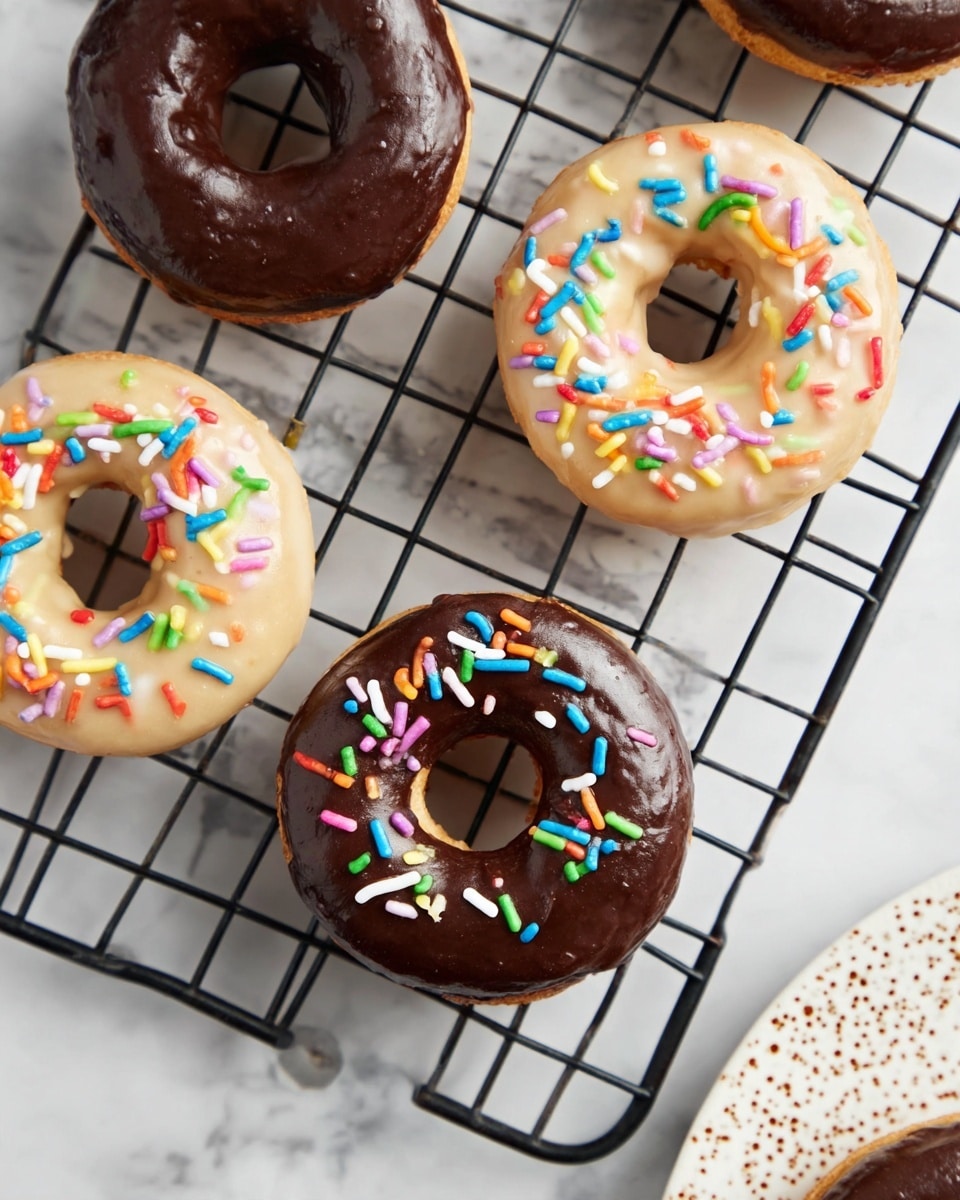 The image shows five round donuts placed on a black cooling rack over a white marbled background. Three donuts have a smooth, shiny dark chocolate glaze with colorful long and small round sprinkles scattered partly on top. Two donuts have a light beige glaze with a shiny texture and colorful long sprinkles placed on one side. The donuts have a soft, golden-brown base visible around the edges and the hole in the center. The bottom right corner shows a partial view of a white plate with small brown speckles. Photo taken with an iphone --ar 4:5 --v 7
