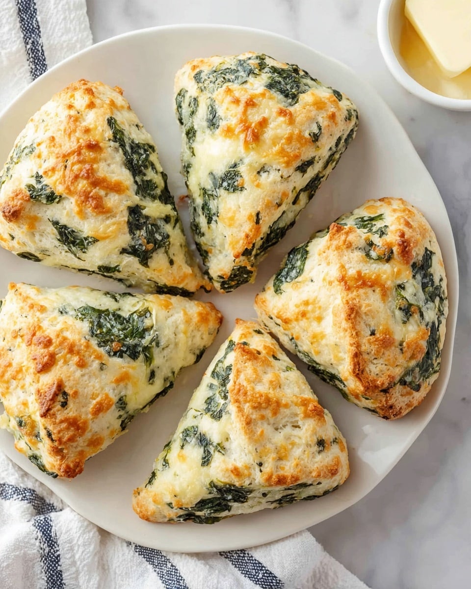 The image shows six triangular scones on a white plate, each scone has a golden-brown top with green leafy spinach visible in the dough. The scones look fluffy and soft with a textured surface showing little cracks and spots of melted cheese. The plate is set on a white marbled surface, with a white cloth that has thin dark blue stripes on the bottom right. Part of a small white bowl with a piece of butter inside is visible at the top of the frame. photo taken with an iphone --ar 4:5 --v 7