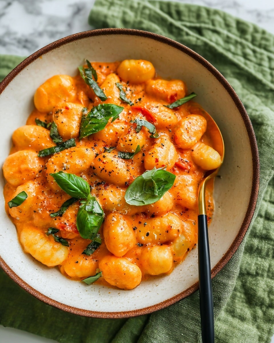 A white bowl with a brown rim holds soft gnocchi covered in a thick creamy orange sauce with small bits of tomato. Bright green basil leaves are scattered on top and mixed in, adding fresh color. The gnocchi are soft and slightly shiny, covered in the sauce that has a smooth texture with some pepper flakes sprinkled on. A black and gold spoon rests inside the bowl, all placed on a green cloth over a white marbled surface. Photo taken with an iphone --ar 4:5 --v 7