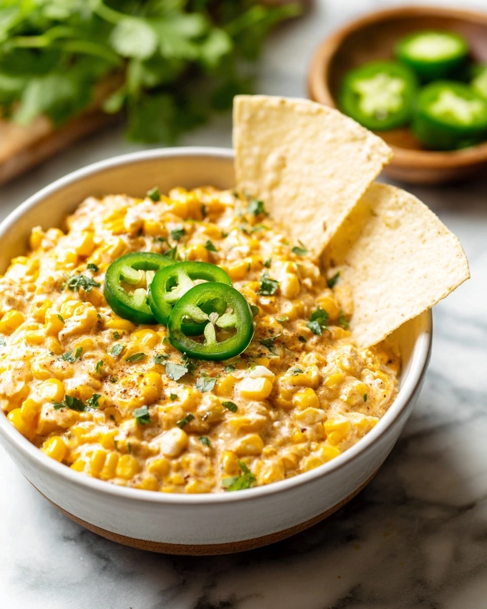 A close-up view of a white bowl filled with a creamy corn dish that has a thick texture showing whole yellow corn kernels and small green herbs mixed in. On top, there are thin slices of bright green jalapeños scattered across. Two large white corn tortilla chips are standing upright in the bowl on the right side, partially dipped in the creamy corn mix. In the blurred background, there are fresh green cilantro leaves on the left and a small wooden bowl with sliced jalapeños on the right, all on a white marbled surface. photo taken with an iphone --ar 4:5 --v 7