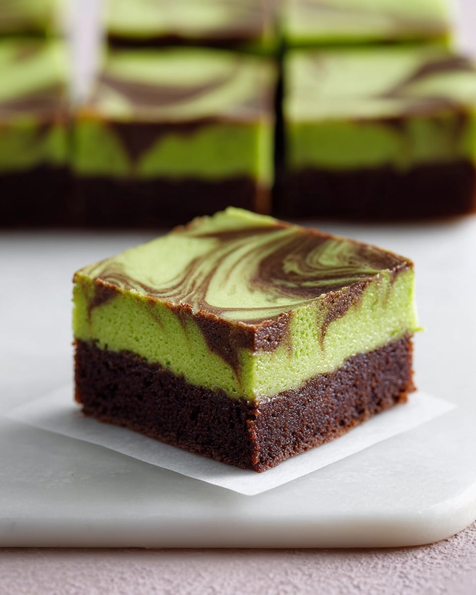 The image shows a close-up of a square dessert bar with two distinct layers on a white marbled surface. The bottom layer is dark brown with a dense and moist texture, while the top layer is bright green, smooth and creamy, with brown swirls gently mixed in, creating a marbled effect. In the background, more square pieces of the same dessert are arranged neatly, slightly out of focus. The bar sits on a small white square of paper to separate it from the surface. Photo taken with an iphone --ar 4:5 --v 7