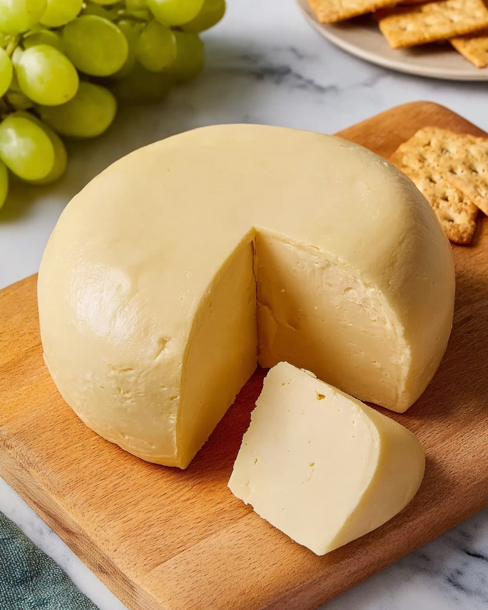 A smooth, round pale yellow cheese with a shiny surface sits on a light wooden board. A wedge-shaped slice is removed, showing the solid inside which is the same color and texture as the outside, slightly creamy and firm. In the background, a cluster of green grapes is visible on a white marbled surface, with some square crackers partly seen at the edge of the image. Photo taken with an iphone --ar 4:5 --v 7
