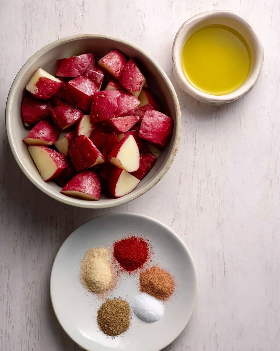 A white bowl filled with pieces of red-skinned potatoes cut into uneven chunks sits on a white marbled surface. Next to it, a smaller white bowl contains a clear yellow liquid, likely oil. Below them, there is a white plate with four piles of spices arranged in a circle: white salt, red paprika, light brown garlic powder, and a darker brown spice. The colors contrast softly with the bowls, and the overall scene is simple and neat, with natural light highlighting the textures and colors of the ingredients. Photo taken with an iphone --ar 4:5 --v 7