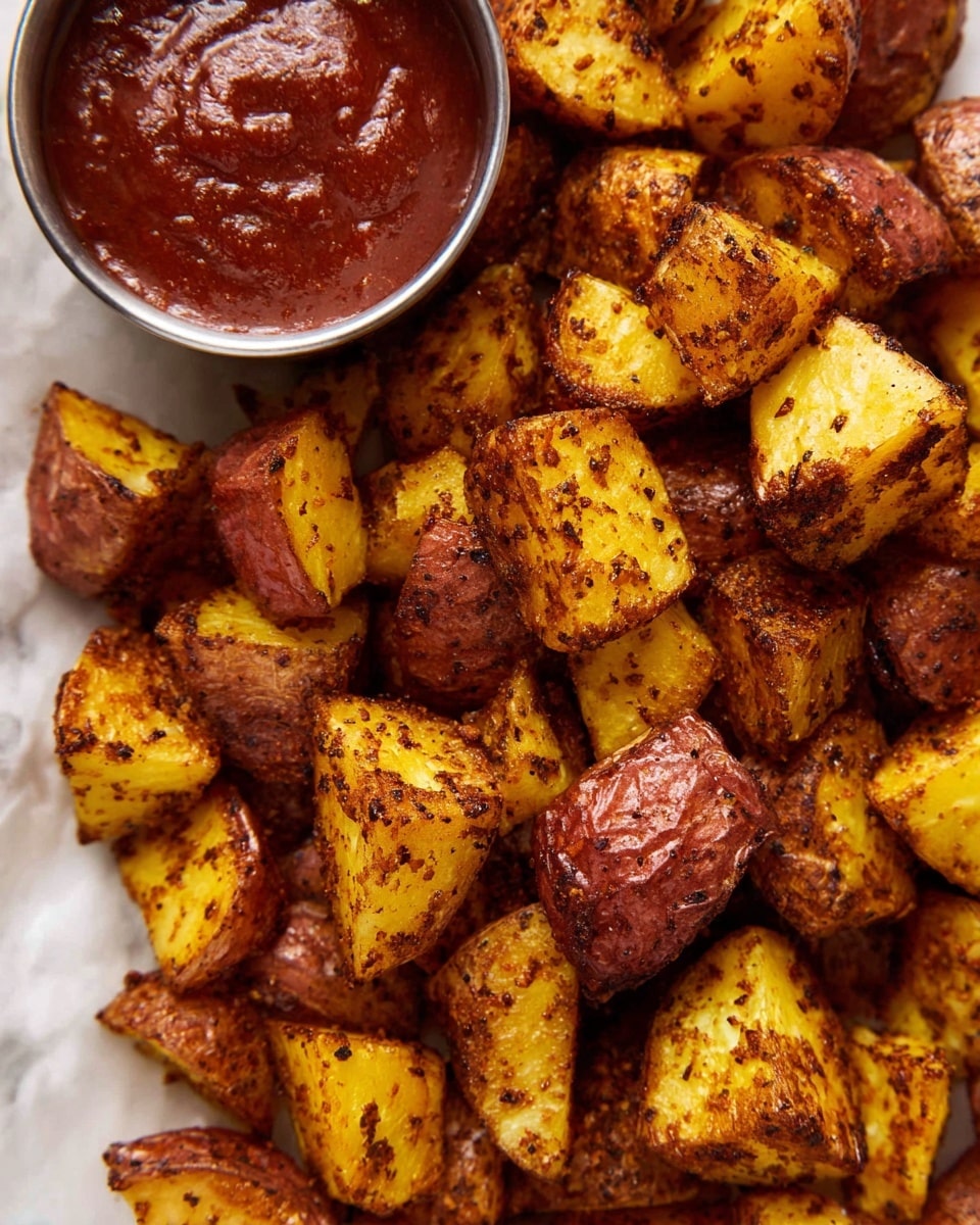The image shows many pieces of roasted potatoes with reddish-brown skin and golden-yellow inside, layered closely together. The potato pieces have a rough, slightly crispy texture with dark seasoning specks all over. In the top left corner, there is a small bowl filled with a smooth, dark reddish sauce. The potatoes and sauce bowl sit on a white marbled surface. Photo taken with an iphone --ar 4:5 --v 7