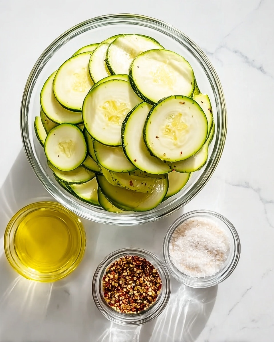 A clear glass bowl filled with thin, round slices of light green zucchini arranged in overlapping layers, showing the light yellow seeds inside. Next to the bowl, three small clear glass bowls sit on a white marbled surface. One contains yellow oil, another has fine white salt, and the third holds a mix of crushed pepper and spices in brown, red, and orange tones. The light casts soft shadows, making the scene bright and fresh. photo taken with an iphone --ar 4:5 --v 7