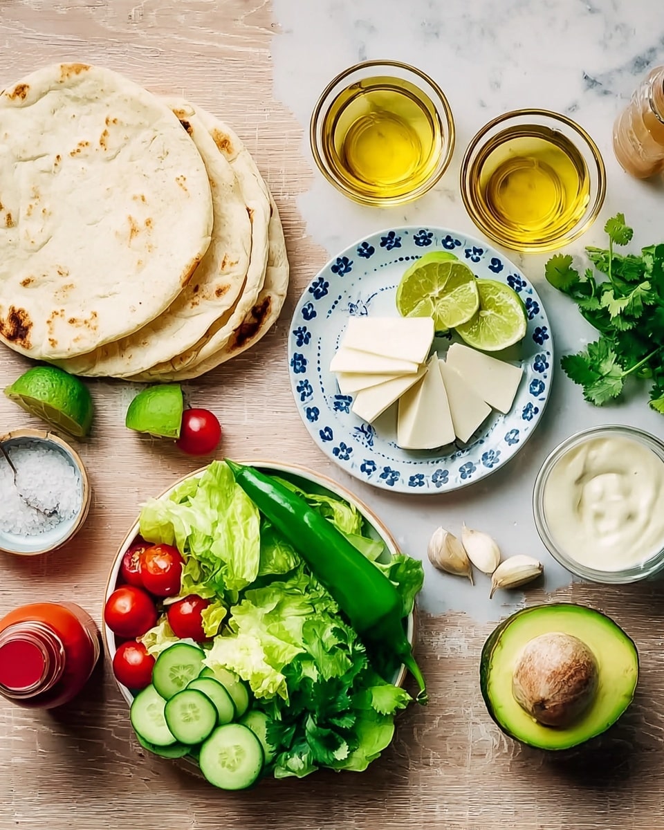 The image shows a wooden table with several dishes and ingredients laid out. There is a stack of light beige flatbreads on the left. Next to it, two small glass bowls hold golden liquid, likely oil or vinegar. A white plate with green leafy lettuce, sliced cucumbers, and halved cherry tomatoes sits near the bottom left. A small round dish holds several white cheese slices stacked in a circle. Another white plate with blue spots on the right contains half an avocado with its seed, a green chili, some fresh cilantro, a small garlic clove, a pinch of salt on a spoon, and a clear glass bowl filled with creamy white sauce. Half a lime is placed near the top center, and a small bottle with red liquid stands near the bottom center. The surface underneath everything is a white marbled texture. photo taken with an iphone --ar 4:5 --v 7