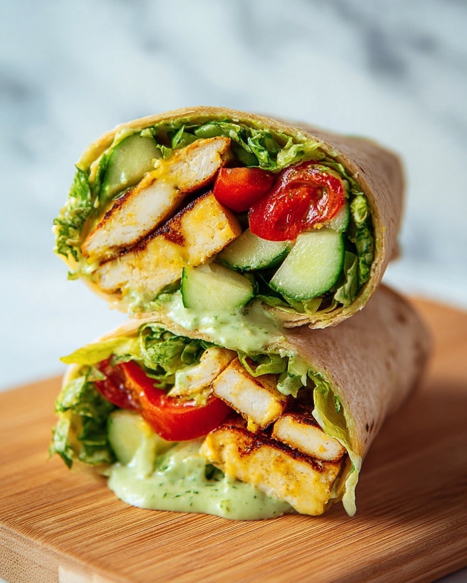 The image shows two stacked halves of a wrap on a wooden board, with the top half slightly tilted to reveal its colorful filling. Each wrap has a soft, light brown outer tortilla layer. Inside, there are three main layers: bright green fresh lettuce and sliced cucumber pieces, golden brown grilled cheese slices with a slightly crispy texture, and juicy red tomato chunks. A creamy green sauce with herbs is spread inside the wrap, adding a smooth texture that slightly drips along the edges. The background is a white marbled texture, giving a clean and fresh look. photo taken with an iphone --ar 4:5 --v 7