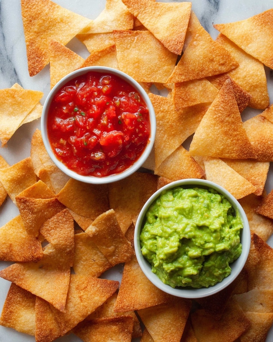 The image shows many golden brown triangular chips arranged unevenly on a white marbled surface. In the center, there are two small white bowls: one filled with bright red chunky salsa with visible bits of tomato and herbs, and the other with a bright green creamy guacamole with a textured look. The chips have a crisp texture with slight color variation, some darker and some lighter. The bowls are placed close together, surrounded by the chips on all sides. photo taken with an iphone --ar 4:5 --v 7
