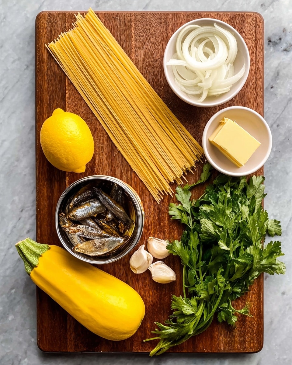 A wooden cutting board holds several cooking ingredients arranged neatly. At the top center is a bundle of uncooked long spaghetti noodles pale yellow in color. To the right of the noodles is a small white bowl containing a rectangular piece of yellow butter. Below the butter, two peeled garlic cloves rest on the board. To the left of the noodles is a white bowl filled with thinly sliced white onion rings. Near the center of the board is one bright yellow lemon. Below the lemon is an open tin can showing dark, shiny anchovy fillets in oil. At the bottom left corner is a whole yellow zucchini with smooth skin. To the right of the zucchini, a bunch of fresh bright green parsley leaves lies spread out. The wooden board sits on a white marbled surface photo taken with an iphone --ar 4:5 --v 7