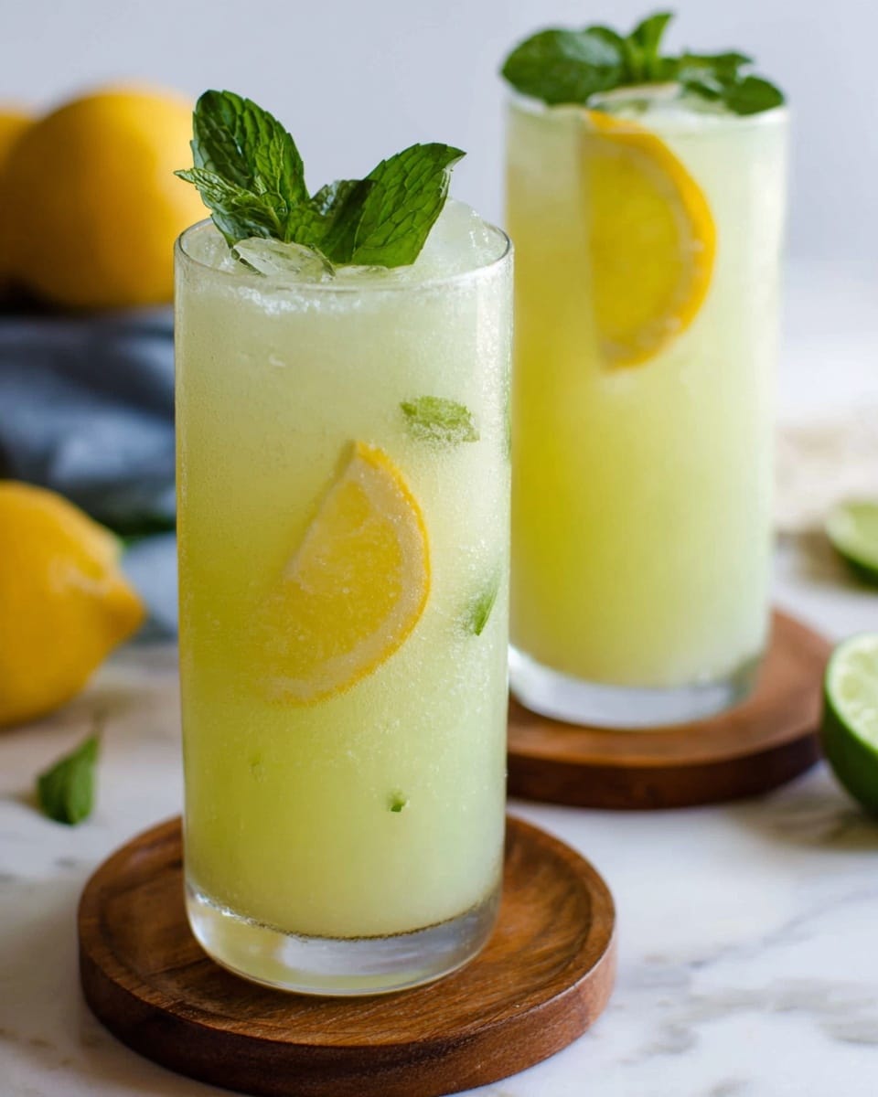 Two tall clear glasses filled with a light yellow-green drink with a smooth, slightly frothy texture. Each glass has a lemon slice floating near the top along with some fresh green mint leaves standing upright as garnish. The glasses sit on round wooden coasters on a white marbled surface, with a slightly blurred lemon and lime in the background. The lighting is soft and natural, highlighting the freshness of the drink. Photo taken with an iphone --ar 4:5 --v 7