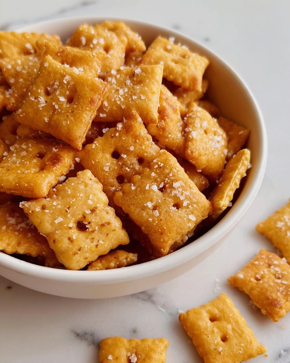 A close-up of a white bowl filled with small, square-shaped cheesy crackers topped with coarse salt grains. The crackers have a golden orange color and a slightly rough texture with small holes in the center. Some crackers are scattered around the bowl on a surface with a white marbled texture, adding a sense of casual, inviting snacking. Photo taken with an iphone --ar 4:5 --v 7